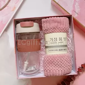 玻璃吸管杯+珊瑚絨毛巾套裝