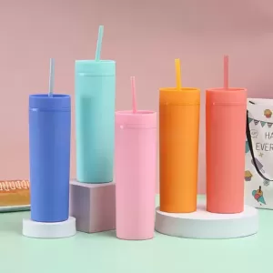 純色直身雙層塑料杯