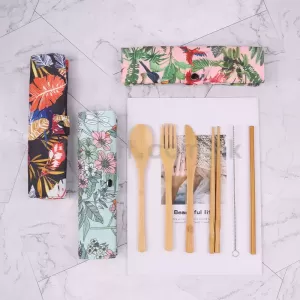花紋帆布竹質便攜套裝